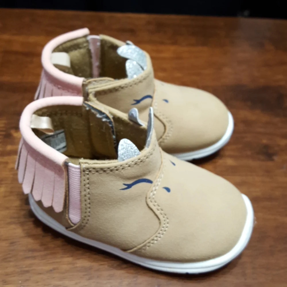 Carter's tan pink unicorn booties velcro fasten sparkle ears and horn sz 3 …EUC